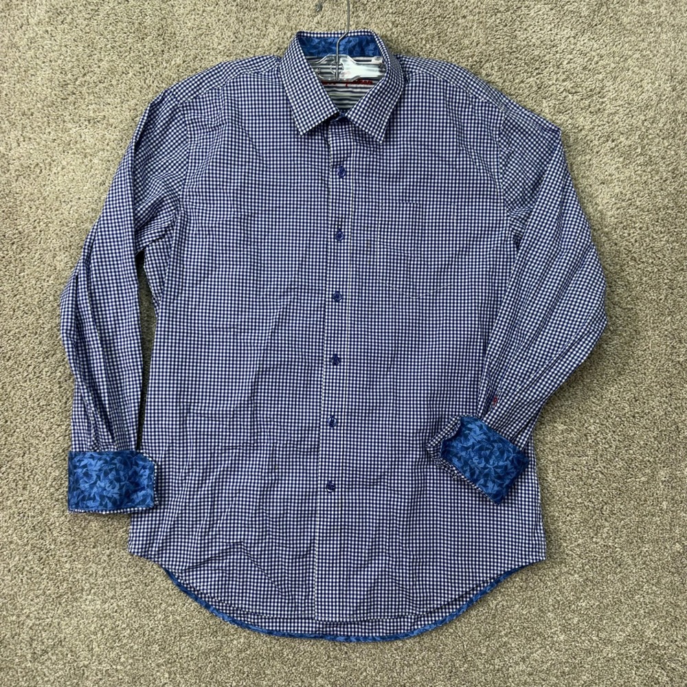 Robert Graham Button Front Shirt Mens Medium Blue Gingham Classic Fit Contrast